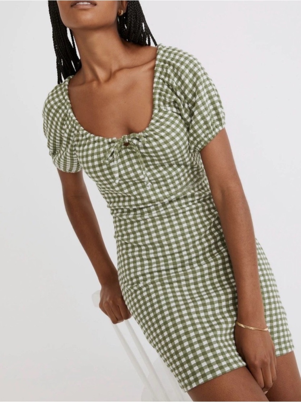 Madewell Green Gingham Tie-Neck Mini Dress